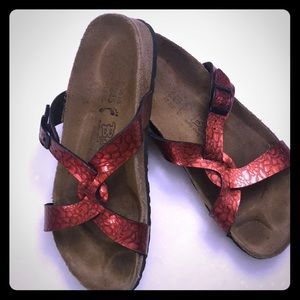Birkis Red Metallic Croc Sandals Size 7